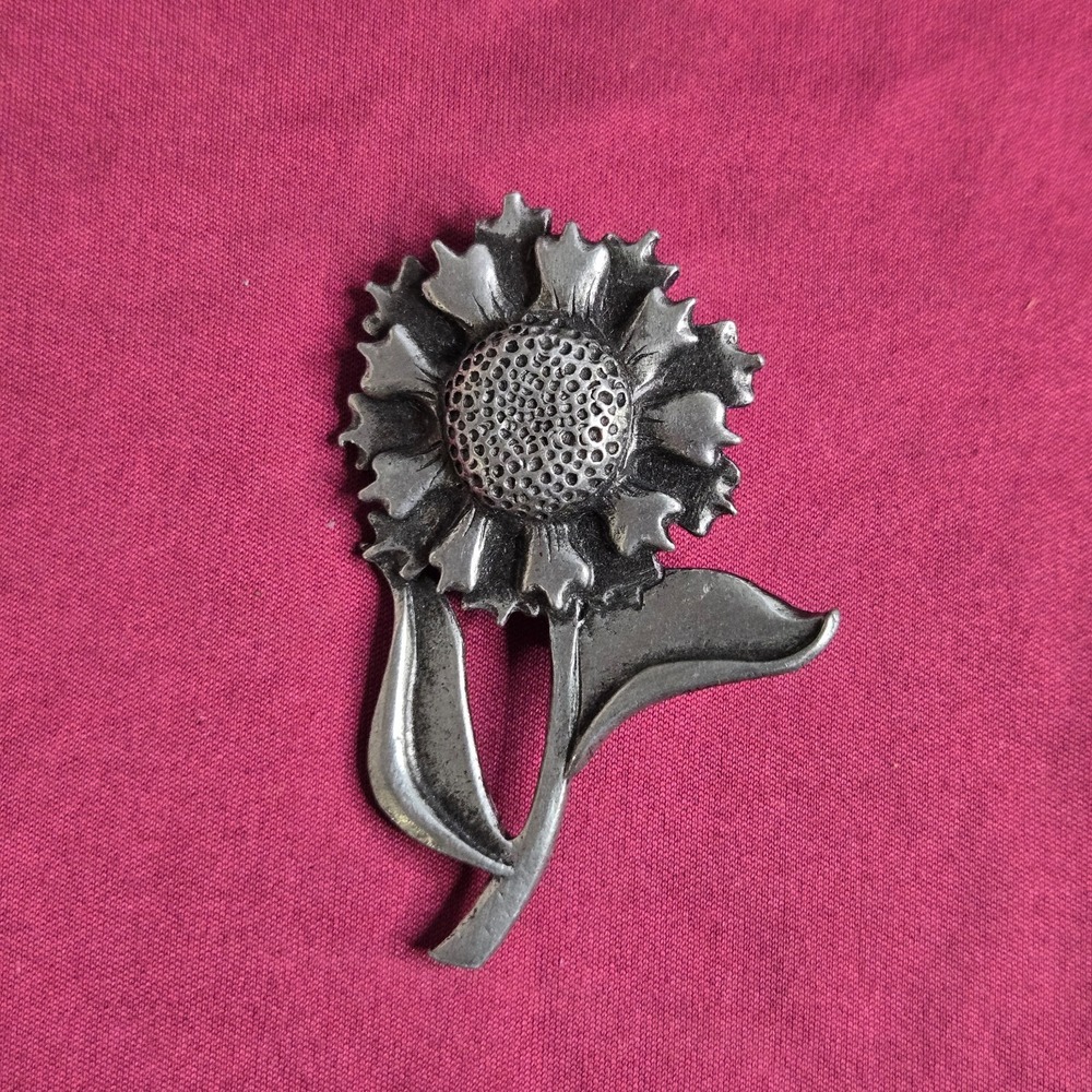 Vintage Metzke Sunflower Brooch Pin Pewter Matte Silver Floral Signed 2.25"